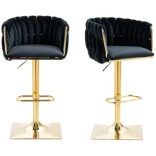OKWISH Barhocker Drehbare Barhocker, 2er-Set, höhenverstellbare Tresenstühle, Samt (mit Chromfußstütze und -basis, mit handgewebter Rückenlehne), Kücheninsel-Seitenstuhl mit Fassrücken für Küchenessen schwarz