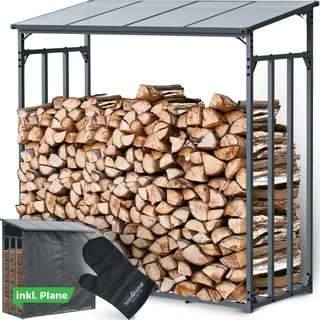 holz4home Kaminholzregal Außen Metall 182 x 70 x 185 cm inkl. Ofenhandschuh grau