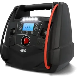 AEG Tragbare 12V Energiestation Auto Starthilfe, Powerstation mit Luftkompressor, 220V Spannungswandler, Steckdose,mit 4 USB, Kompatibel mit PKW, Schwarz/Rot