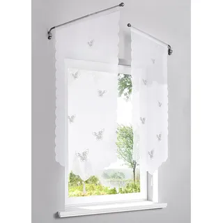 Devola Voile transparent Scheibengardinen mit Lasercut Schmetterlinge Muster mit Quaste Fenster Gardinen Panneaux mit Tunnelzug Gardine HxB 90x40cm Weiß 1er Pack
