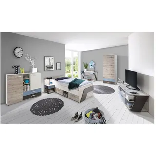 Lomadox Jugendzimmer Set, mit Bett 90x200 cm 6-teilig mit Kleiderschrank, LEEDS-10 in Sandeiche weiß Lava Blau