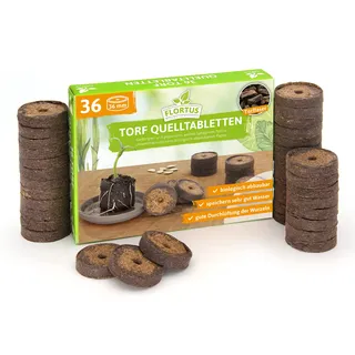 FLORTUS – Torf Quelltabletten aus Sphagnum Torf mit NPK Dünger – 36 Stück (36 mm) Quelltabs biologisch abbaubar – Alternative zu Torfquelltöpfen – torfhaltige Anzuchterde zur Pflanzen Anzucht