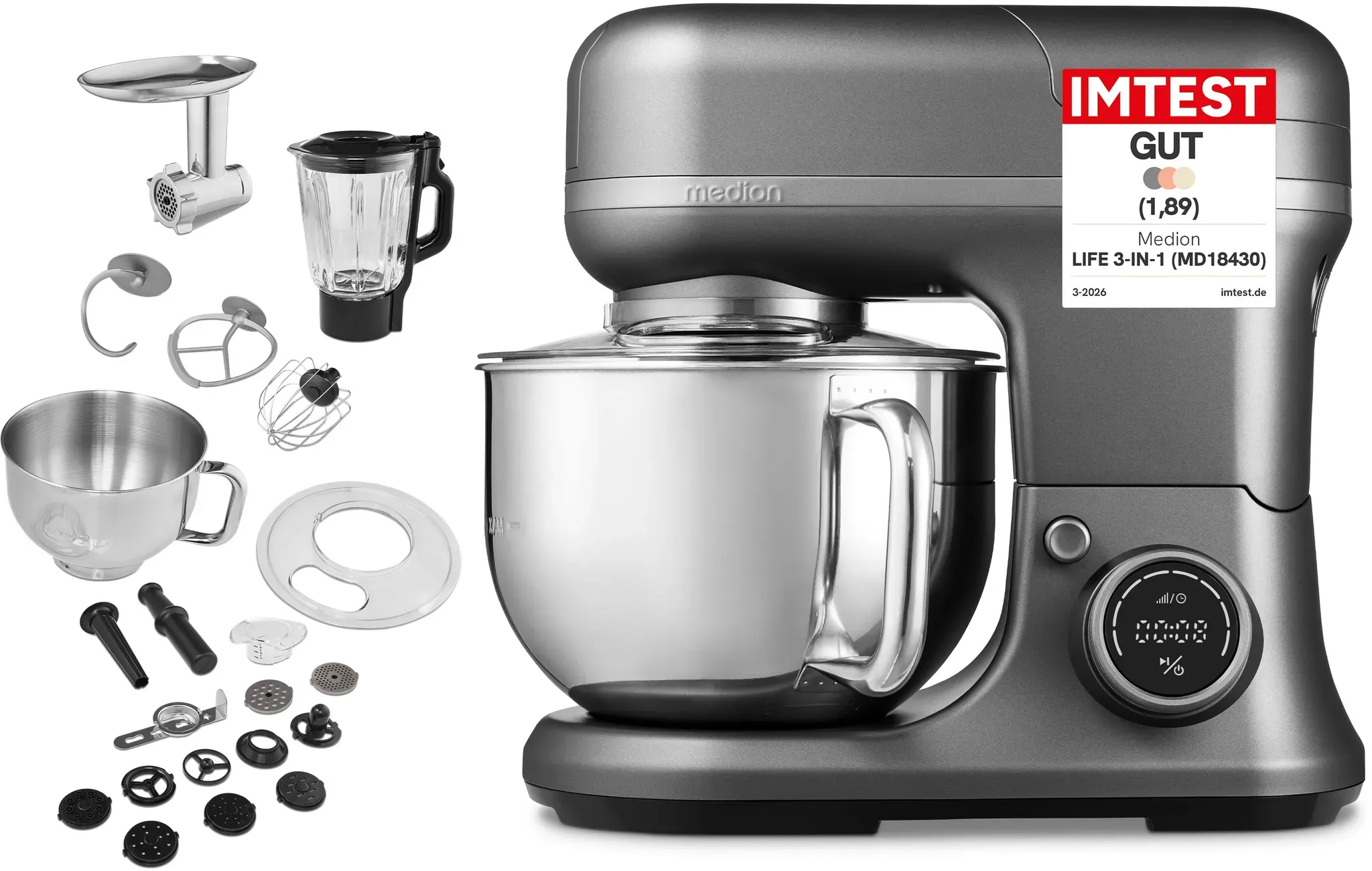 MEDION LIFE 3-in-1 Digitale Küchenmaschine MD18430, 1.200 W, 8 Geschwindigkeitsstufen, Digitales Sensor-Touch-Display, umfangreiches Zubehör