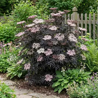 Bloomique - Schwarzer Holunder (Sambucus nigra 'Black Lace') - Gartenpflanze - Winterhart - Höhe 30-40 cm - Topfgröße: 19 cm