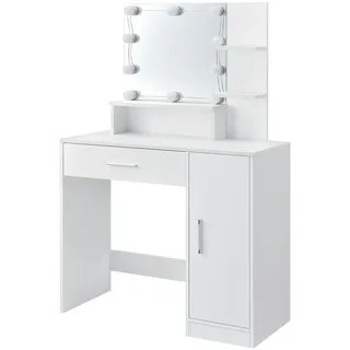 Juskys Schminktisch Zoey Weiß – Frisiertisch mit LED-Beleuchtung, Spiegel, Schublade & Schrank