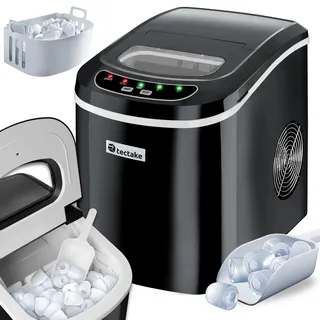 tectake Eiswürfelmaschine, 12-15 kg in 24 h, Ice Maker, 9 Eiswürfel in 5-13 min, Eiswürfelbereiter mit 2,4 Liter Wassertank, Ice Cube Maker, inkl. Eisschaufel und Eiseimer, 2 Würfelgrößen - Schwarz