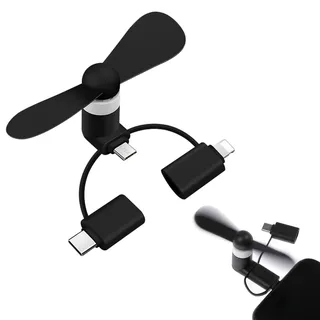 TUKNN Mini-Handy-Lüfter, 3-in-1 Mini-Handy-Ventilator, Tragbarer Kühler Rotierender Ventilator, Kompatibel mit iPhone/Micro-USB/Typ C/Port-Ventilator (Schwarz)