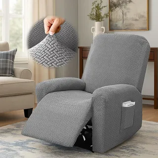 Yunlaishaocer 4-Teilig Sesselbezug rutschfest,Sesselbezuge Stretch mit Taschen,Sesselbezug Stretchhusse,Streifen Jacquard Sesselschoner für Fernsehsessel Relaxsessel Sesselhusse(Hellgrau)