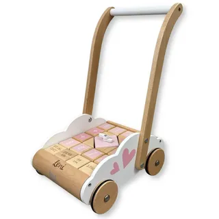Personalisierbarer Holz-Lauflernwagen Rosa – mit Bausteinen & Schiebefunktion – für Babys ab 12 Monaten – mit Namen & Geburtsdaten personalisiert - Label Label