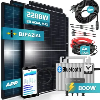 SUNNIVA® 2288W Balkonkraftwerk komplett Steckdose - Eco Flow 800W Wechselrichter PV Solaranlage Komplettset - 4x 440W BIFAZIAL, BLACK Frame, Single Glas Solarmodule - inkl. 5m Kabel - Bluetooth