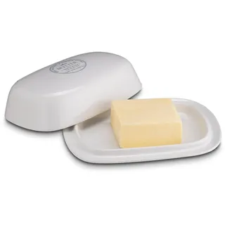 KHG Butterdose Keramik Steingut Weiß für 250g Butter mit Beschriftung, Butter-Aufbewahrung Butterbehälter, Deckel opak, Butterbox rechteckig & glänzend glasiert mit Emaille