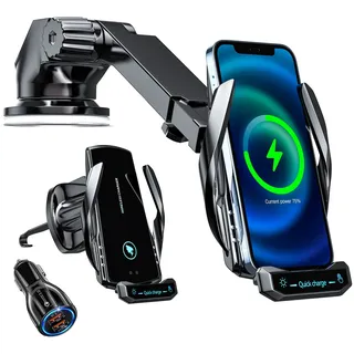 15W Fast Wireless Charger Auto Handyhalterung Mit Ladefunktion Autoinduktionsmotor Induktion Motor Betrieb Qi Ladestation Ladestation Auto Kfz Handy Halterung Auto Lüftung (Schwarz + QC3.0 + Ständer)