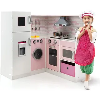 Costway Eck Spielküche mit Sound und Licht, Kinderküche aus Holz, inkl. Schürze und Spielzubehör, für Kinder ab 3 Jahren