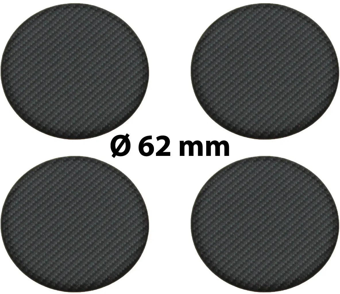 4 x Ø 62 mm Polymere Aufkleber / Carbon-Optik / Nabenkappen, Felgendeckel