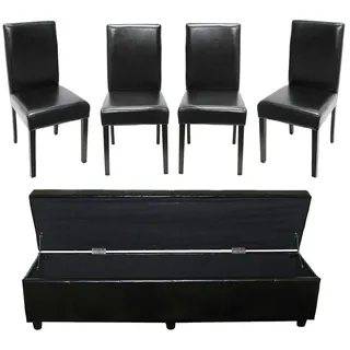 Mendler Garnitur Sitzgruppe Bank mit Aufbewahrung Kriens XXL+4 Stühle Littau, Kunstleder/Leder ~ schwarz