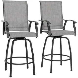 avestar drehbare Garten-Barhocker 2er Set hohe Gartenstühle, Barstühle mit Fußstütze, hoher Rückenlehne, wetterfeste Hochstühle aus Textilene für Terrasse, Balkon, Poolbereich und Garten, Grau
