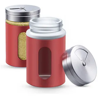 Praknu Salzstreuer 12 Gewürzdosen Rot I Gewürzstreuer Edelstahl Set 80ml, (Set, 12-tlg), Mit Sichtfenster und 3fach Streuregulierung - Gewürzgläser für Gewürze rot