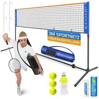 Kesser KESSER® Badmintonnetz, Tennisnetz 300cm 400cm 500 cm Federballnetz 3-Fach-Höhenverstellbar, Set bestehend aus Netz, 3x Feder- & Tennisball, stabilem Eisen-Gestell, Transporttasche, Indoor & Outdoor