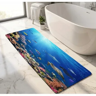 goodbath Badematte aus Memory-Schaum, rutschfest, lang, Unterwasser-Ozeanwelt, super saugfähig, 120 x 40 cm, Blau