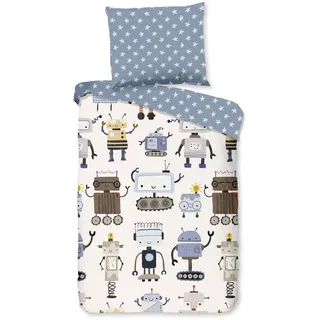 Good Morning Babybettwäsche »Robo«, Baumwolle, Reißverschluss, Wendeoptik, Baby, Junge, Roboter, Weiß blau, blau
