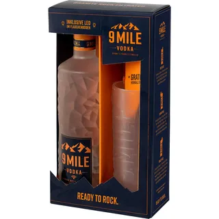 9 MILE Vodka Geschenkeset mit 0,7l Flasche & 9 MILE Glas – 37,5% Vol. Premium Vodka mit LED-Beleuchtung, Granite Rock Filtration & mildem Geschmack – ideal für Longdrinks oder den puren Genuss