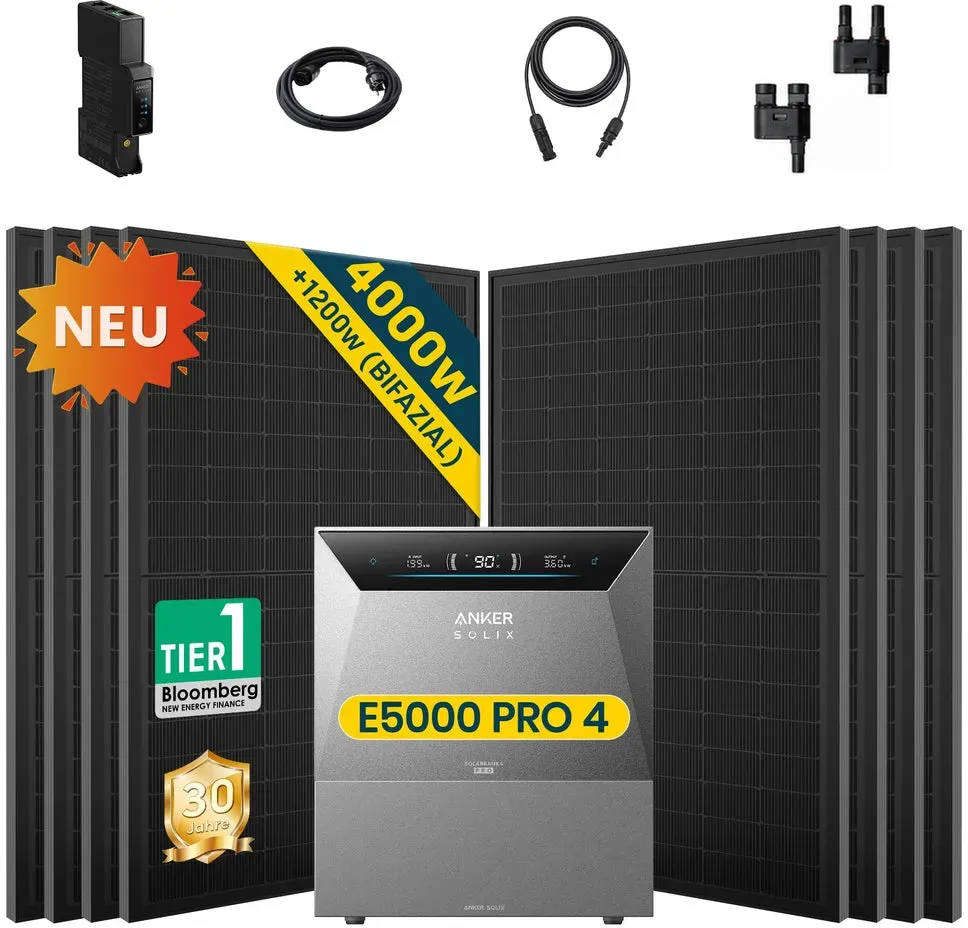 Balkonkraftwerk mit Speicher Anker SOLIX Solarbank 4 E5000 Pro 5kWh, Komplettes Photovoltaiksystem - 500W x8 / 1x BP2700 / Ohne Halterung
