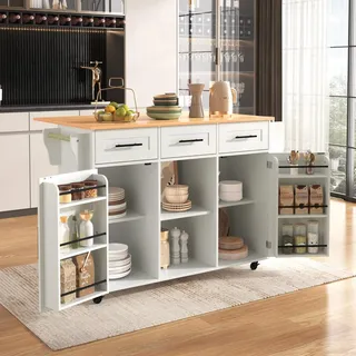 Küchenschrank mit Klappbarer Arbeitsplatte ,Kücheninsel freistehend auf 5 Rollen und 3 Schubladen Mobiler Sideboard Storage küchenschränke für Küche und Esszimmer 139x46(71) x91,5 cm(Weiß)