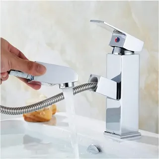 Badezimmerarmatur mit ausziehbarer Brause, Chrom-Wasserfall-Waschtischarmatur