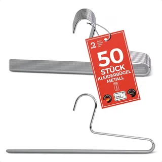 MAWA Hosenbügel, Set mit 50 platzsparenden Kleiderbügel, ideal für Jeans, Stoffhosen und Anzughosen, mit antirutschbeschichtetem Steg, 35 cm, Silber