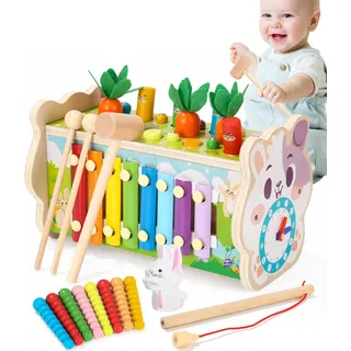 SOBEAU 8 in 1 Holzspielzeug hammerspiel ab 3 Jahr,Holz Montessori Musik Spielzeug,Xylophon,Karotte,Angelwurm,Zahnräder,Geschenkspielzeug für Kinder im Alter von 3 4 5 6 7 Jahren