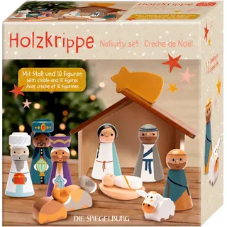 Die Spiegelburg Holzkrippe - Winterzauber im Weihnachtswald für Kinder, 10 Figuren, Maße: Stall 16,5 x 16 x 8,5 cm