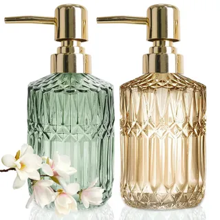 JINYOMFLY Seifenspender Grün Gold Glas, 390ml Shampoo Flaschen zum Befüllen, Seifenspender Glas mit Pumpe, Vintage Elegant Seifenspender 2er Set