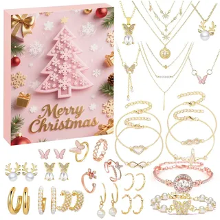 CLTYQ Schmuck-Adventskalender Weihnachtskalender Frauen,24 Überraschungen Armband Halskette Ohrringe, Damen Schmuck Set,Weihnachtsgeschenke für Frauen Mädchen Teenager rosa