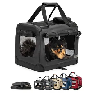 LIONTO Hundetransportbox faltbar, stabile Stoffbox mit Mesh-Einsätzen, ideal für Auto, Reise & Tierarzt, 50x34x36 cm,