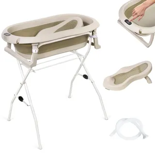 moovkee Babybadewanne mit Gestell 80cm Beige Faltbar mit Thermometer, Badesitz und Abflusssystem – Babywanne für Neugeborene mit Ständer - Beige