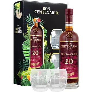 Ron Centenario Fundación 20 Aniversario | Geschenkset mit 2 Tumblern | Hergestellt im Solera-Verfahren | Weich & harmonisch | Silbermedaille bei Tokyo Whisky & Spirits | 700ml