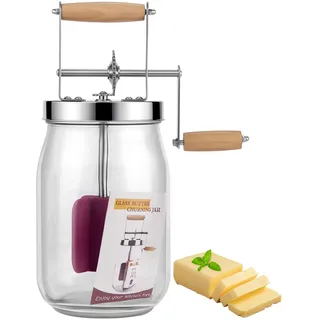 Butterfass Glas mit Handkurbel, 1,5L Butterfass Zum Butter Machen Mit Holzgriff Edelstahlgetriebe Manuelle Buttermaschine,Butter Selber Machen für Kräuterbutter, Knoblauchbutter (upgrade)