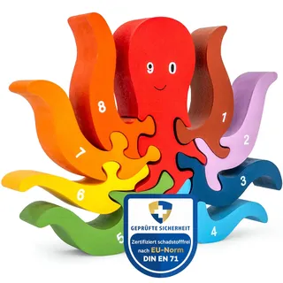 WIESEN.design Zahlen Puzzle Kleine Krake, Montessori Spielzeug ab 3 Jahre, DIN EN71 geprüft und nachhaltig verpackt, Holzpuzzle Kinder, Puzzle ab 3 Jahre, Motorikspielzeug und Zahlen Lernen