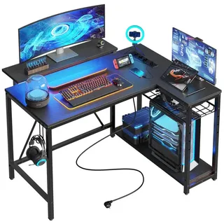 BESTIER Gaming-Eckschreibtisch L-Form 106,5 cm - mit LED, Steckdosen, 2 Regalen & Haken - Reversibler Computertisch für kleines Büro, Schlafzimmer & Gaming-Setup