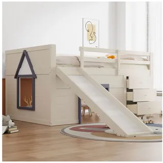 REDOM Hochbett Kinderbett,Funktionsbett,Einzelbett (mit Rutsche, 3 Schubladen & 2 Türen – Robuste Konstruktion aus Massivholz und MDF., 140x200 cm) 145 cm x 204 cm x 108 cm