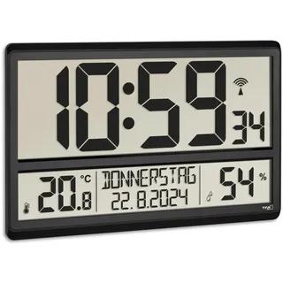 TFA Dostmann 60.4520.01 Funk Wanduhr digital, mit Temperatur und Luftfeuchtigkeit, Wochentag (8 Sprachen), Funkuhr, Schwarz