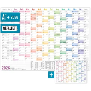 Häfft Häfft® XXL Wandkalender 2026 groß A1 + quer (89 x 63 cm), gefalzt, 15 Monate: Nov 2025 - Jan 2027 inkl. A4-Jahresplaner, Wandplaner "Rainbow" - nachhaltig & klimafreundlich