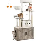 Feandrea Kratzbaum, 170 cm, Multifunktional mit Katzentoilettenschrank, Erhöhte Näpfe, Plüschkissen, Grau