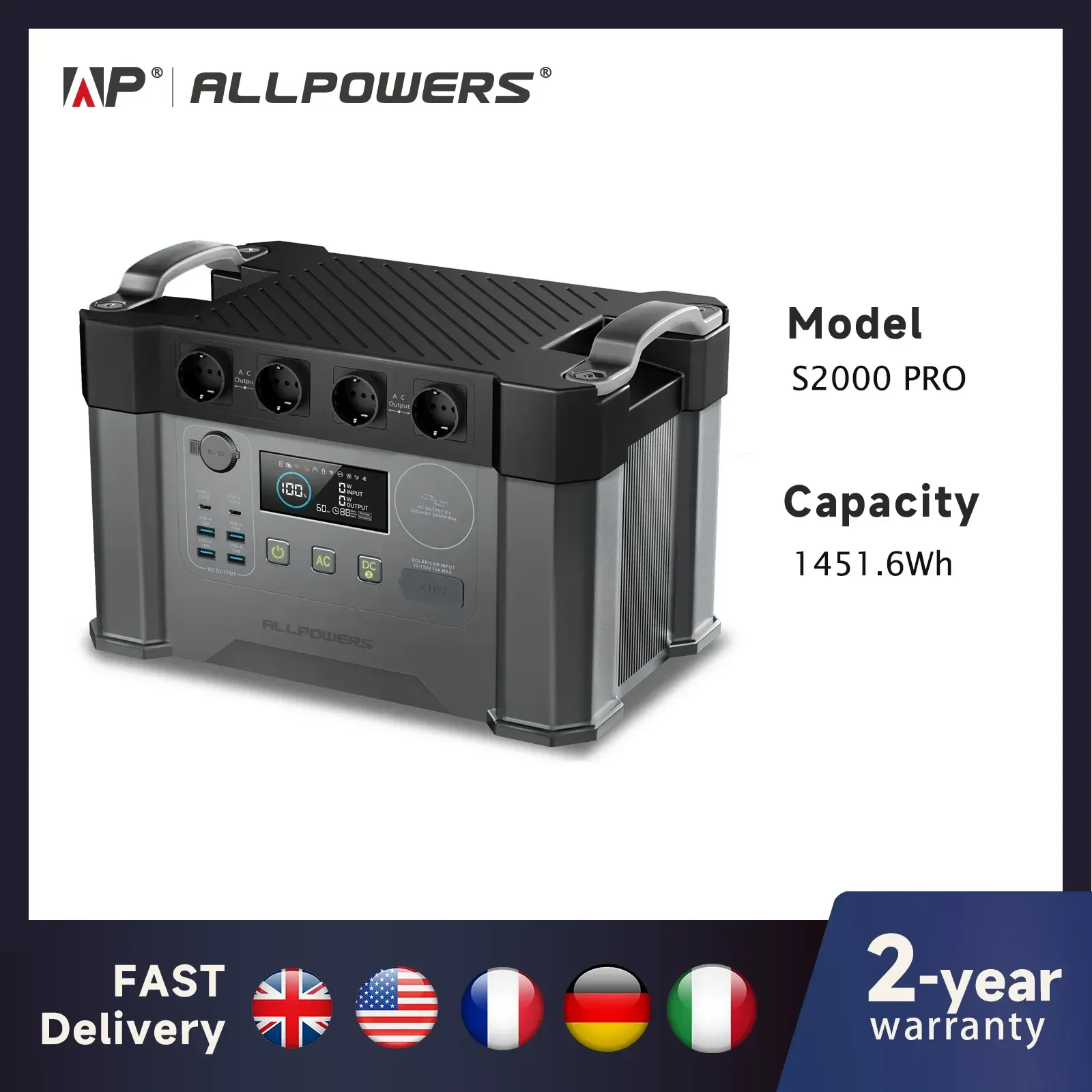 ALLPOWERS Tragbares Kraftwerk 2000 W/2400 W Notfall-Backup-Hochleistungsnetzteil für den Stromausfall zu Hause im Freien
