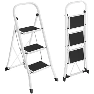 Songmics Klapptritt mit 3 Stufen, Trittleiter, Leiter, 20 cm breite Stufen, rutschfeste Gummimatten, mit Handlauf,