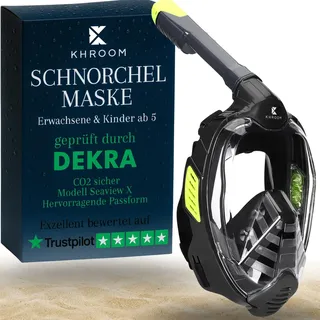 Khroom Schnorchelmaske für Erwachsene & Kinder von DEKRA geprüfte CO2 Sicherheit | Vollmaske Seaview X - Tauchmaske | Schnorchelausrüstung / Schnorchelset Alternative (S/M, Schwarz)
