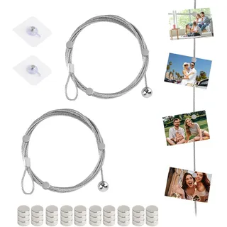 2 Stück Fotoseil - Fotoseil Fotodrahtseil ,Fotos Aufhängen Fotoleine Fotoseil mit 30 Magneten Klammern 250cm x 1,5mm Fotokette Fotoleine mit Klammern Um Bilder Aufhängen Schnur Von Fotos Postkarten