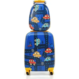 COSTWAY 2tlg Kinderkoffer + Rucksack, Kindertrolley aus Kunststoff, Kindergepäck, Kinder Kofferset (Blau, 12"+18") - Blau