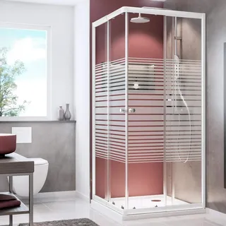 Schulte Duschkabine variabel 75-90 cm, z. B. 90x90 cm, 80x80 cm, 85x85 cm, Eckeinstieg 180 cm mit Schiebetüren, 4 mm Sicherheitsglas (ESG) Dekor Querstreifen, Weiß, EP19442-4-72