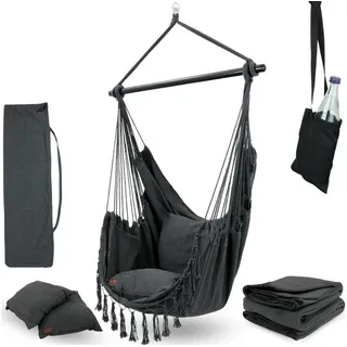 deluxe4home® Hängesessel mit 2 Kissen, Bücherfach und Kuscheldecke Anthrazit